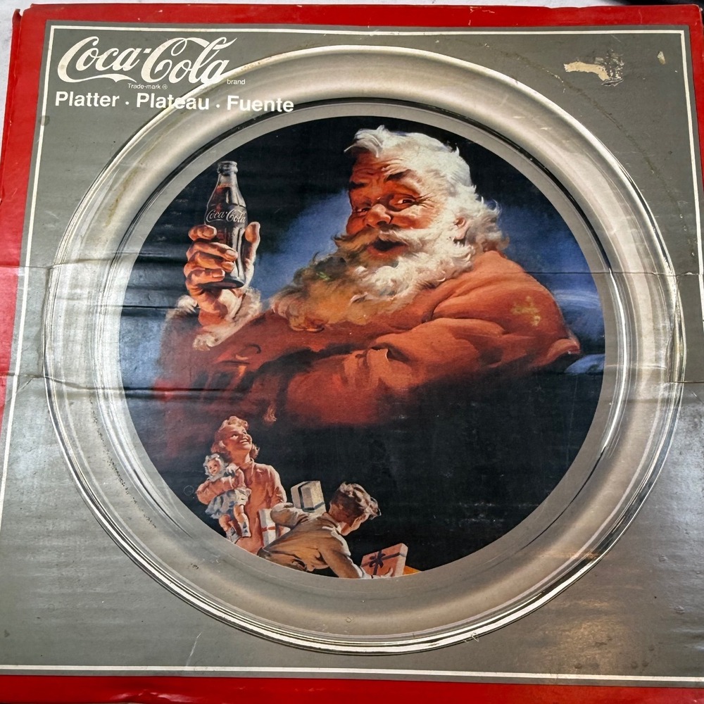Coca-Cola Santa Claus Glass Serving Platter 13 Inch Vintage Holiday‎ 1954 Art